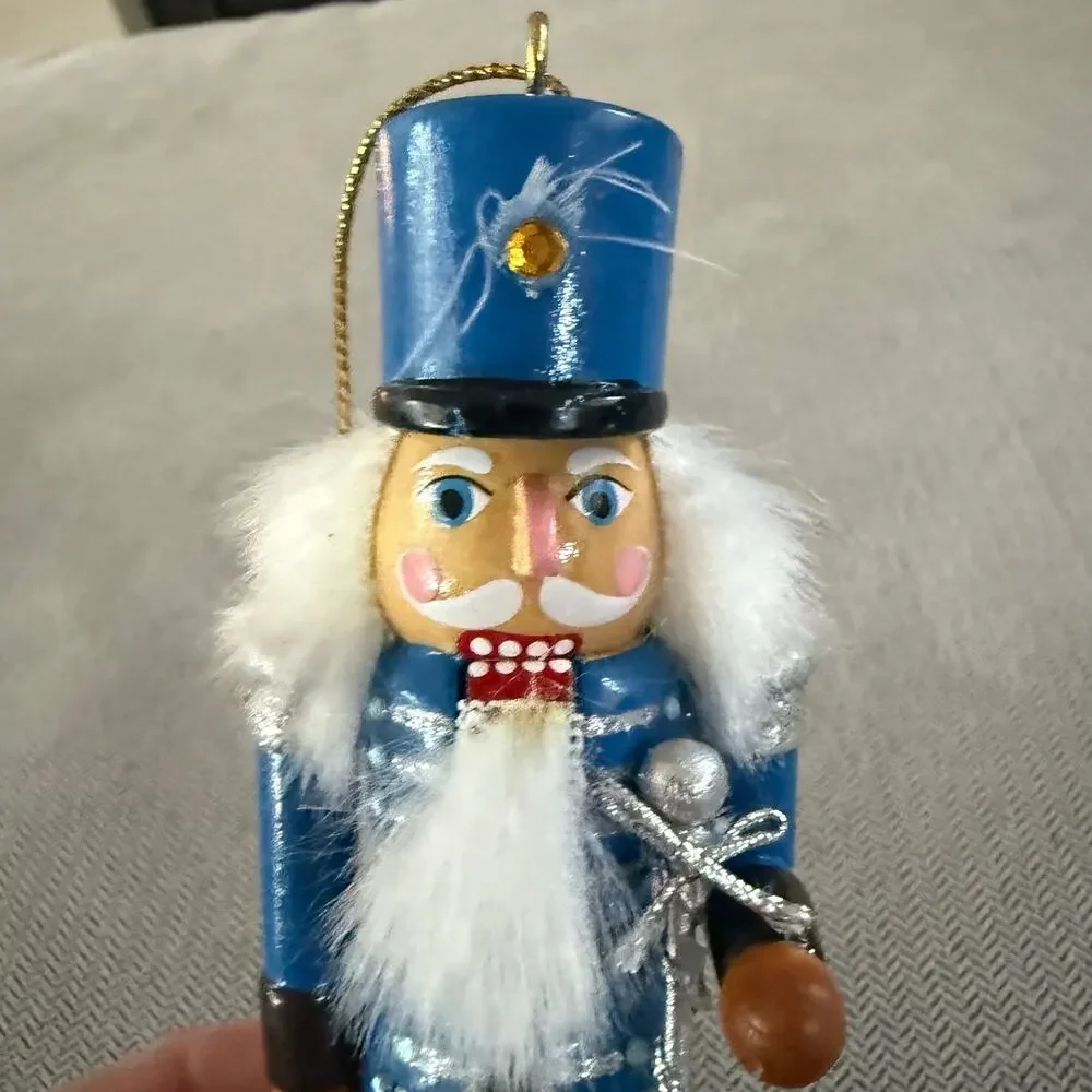 Blue Wooden Nutcracker Christmas Ornament Soldier Sword White Hair Holiday Decor